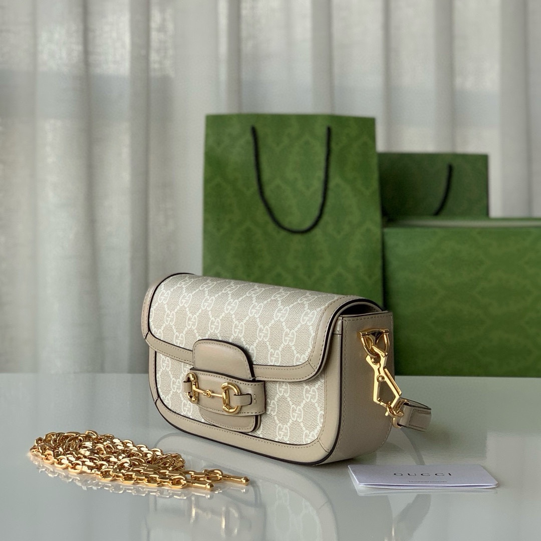 Gucci Horsebit 1955 Series Shoulder Bag Clutch Bag Beige and White